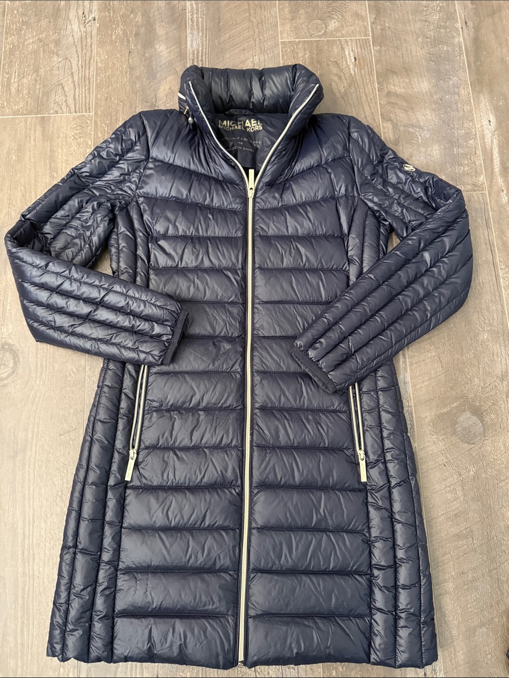 Michael Kors Navy Quilted Long Puffer Coat with Gold Trim